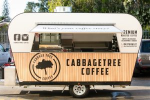 A side view of the completed food trailer for Cabbage Tree Coffee.